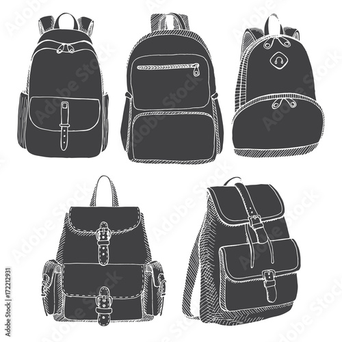 Set of different backpacks, men, women and unisex. Backpacks isolated on white background. Vector illustration in sketch style.