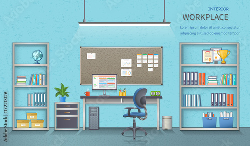 Stylish and modern office workplace. Room interior with desk, armchair, monitor, note-board, office supplies, flowerpot, globe, folders, documents. Detailed vector illustration for web banner.