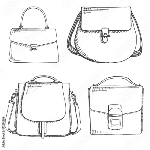 Set of different bags, men, women and unisex. Bags isolated on white background. Vector illustration in sketch style.