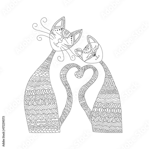 Two cats in love. Antistress coloring book. Hand drawn elements for your designs dress, poster, card, t-shirt