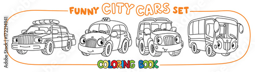 Funny small city cars with eyes. Coloring book set