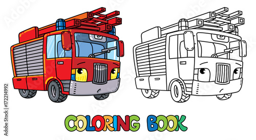 Fire truck or firemachine with eyes Coloring book