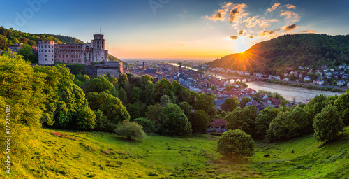Panoramic view of beautiful medieval town Heidelberg including Carl Theodor Old Bridge  Neckar river  Church of the Holy Spirit  Germany