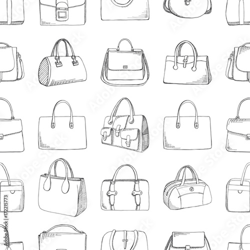 Seamless pattern with different bags in a sketch style. Vector illustration.