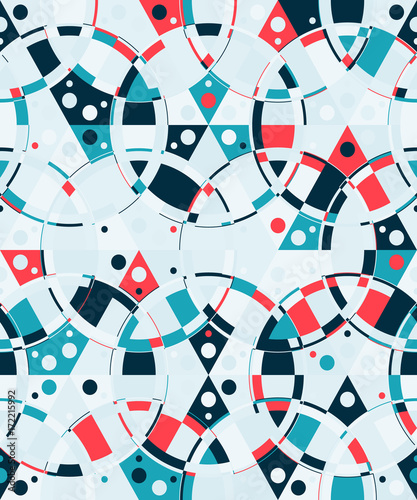 Abstract seamless pattern of rings and dots. Rings tied to each other.