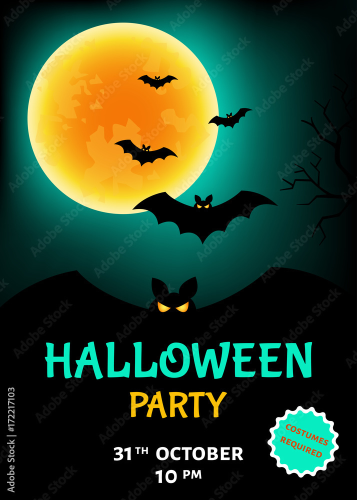 Halloween party template with  bats  and moon.