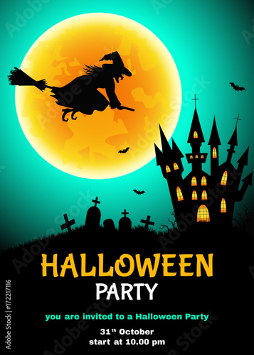 Halloween  party flyer with  witch  silhouette,  cemetery, castle  and moon.