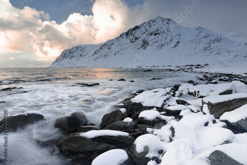 N-wards view from Vareid beach over Vareidsundet. Mounts Hustinden-Rorliheia-Knubban. Flakstadoya-Lofoten-Norway.0433 photo