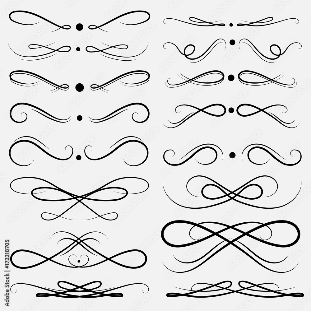 Set Of Decorative Calligraphic Elements For Decoration. Handmade Vector Illustration.