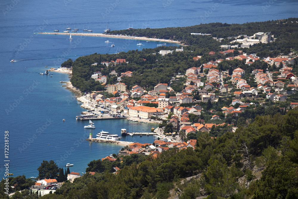 Touristic village Bol on south side of Brac island in Croatia with its famous beach Golden cape (Zlatni Rat)