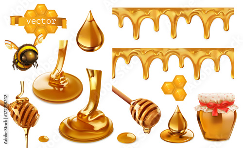 Honey, bee, honeycomb, drop, seamless pattern. Set 3d vector elements. Package design