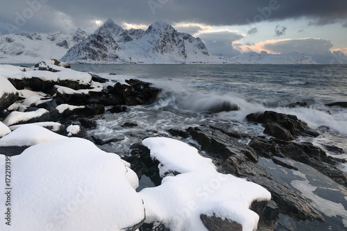 SW-wards view from Vareid beach-mounts along Flakstadpollen-bay: Flakstadtinden-Stortinden-Bonnaken-Stabben-Kollfjellet-et al. Flakstadoya-Lofoten-Norway.0436 photo