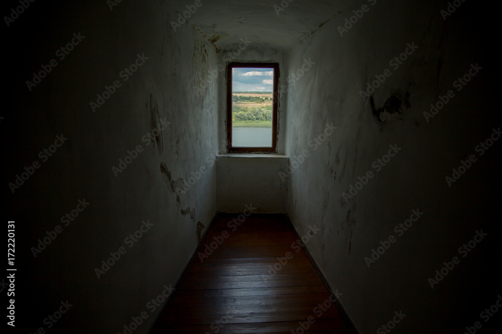 A window in the ancient castle wall, a view of a sunny day of summer forest, a hill, and a river.