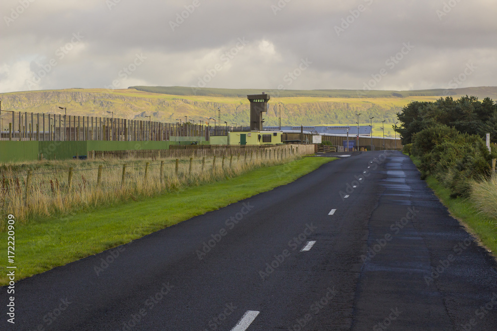 12 September 2017 The high observation towers and security fencing at the entrance to the Magilligan Prison in County Londonderry on the North Coast of Ireland