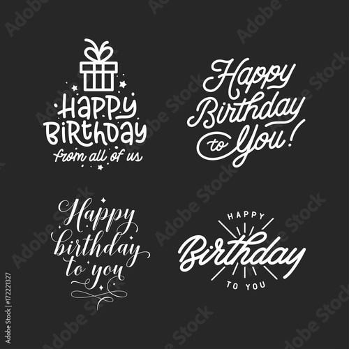 Happy birthday hand lettering compositions set. Vector vintage illustration.