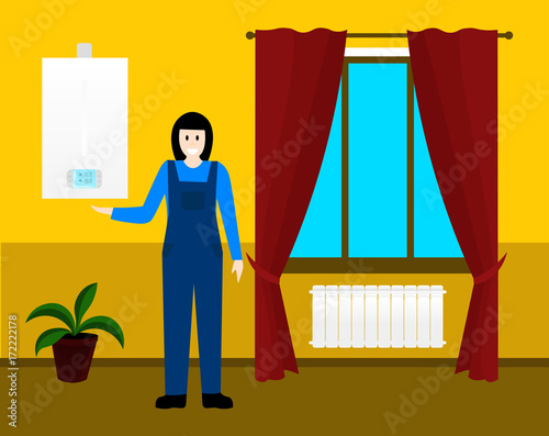 Wall mounted gas boiler. The girl expert points to the gas boiler. Heating in the house. The radiator is under the window. Warmth and comfort. Home appliances. Vector. EPS10