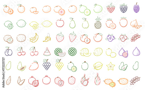 Outline Black linear web icon set - Fruit, berries Thin bold Line food Icons For logo, modern minimalistic label Orange grape apple blueberry, lime lemon pomelo cherry fig 