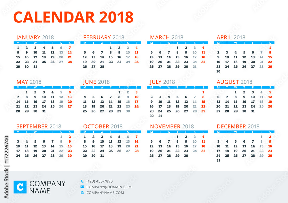Calendar for 2018 Year. Vector design print template. Week starts on Monday
