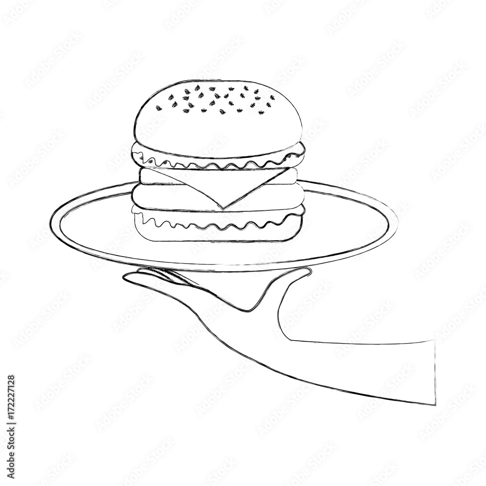 hand holding burger in dish fast food tasty delicious snack lunch vector illustration hand holding burger in dish fast food tasty delicious snack lunch vector illustration