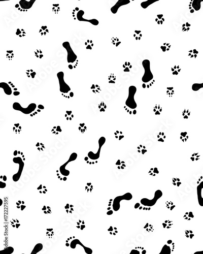 Seamless pattern of  prints of human feet and dog paw