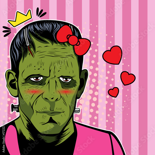 Halloween background vector with cute Frankenstein. Vector illustration in retro comic style. Colorful pop art background. Halloween party invitation for girls or children in lovely style in pink.