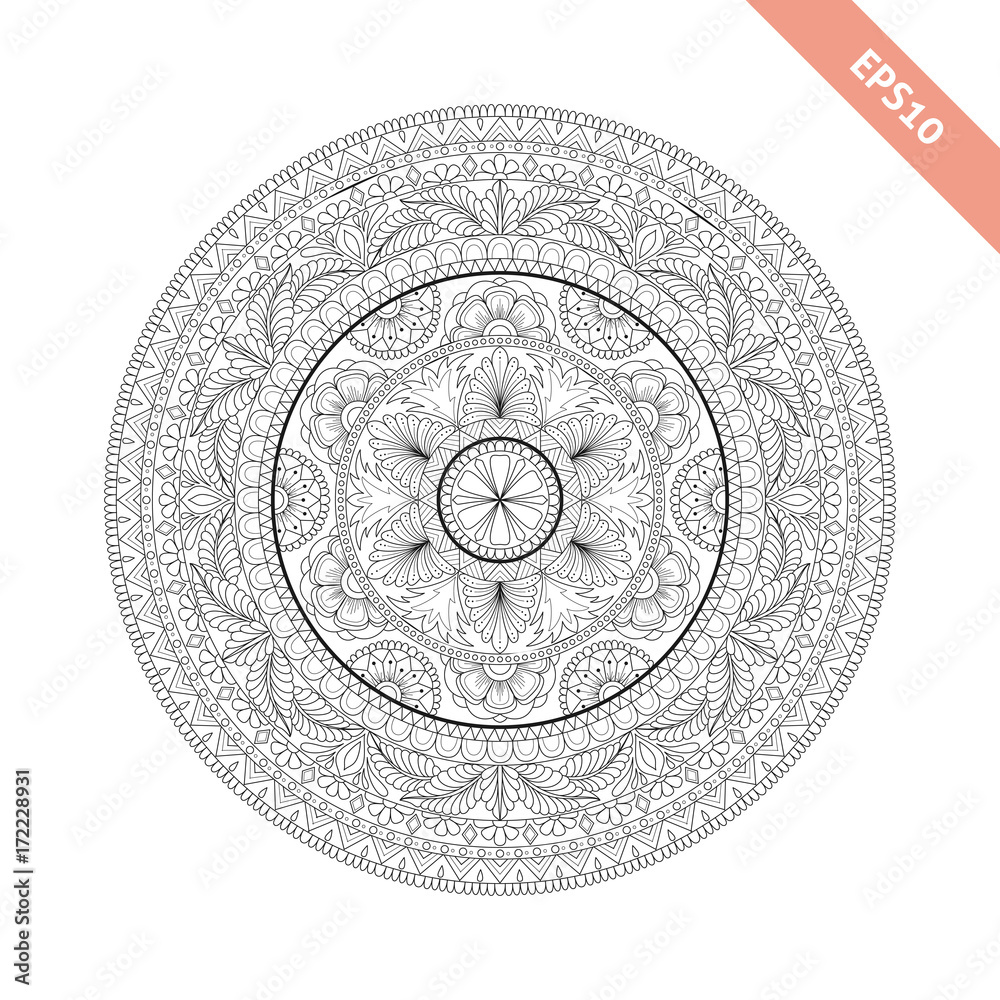 Round floral ornate mandala.  Design for adult coloring book page.
