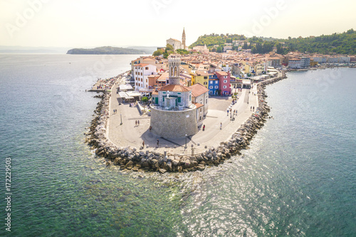 Piran, Slovenian Istria, Slovenia. Aerial view of the city surrounded by the Mediterranean sea.