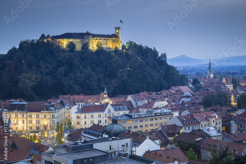 Elevated view of Ljubljiana old town, with the Castle. Ljubljiana, Osrednjeslovenska, Slovenia. photo