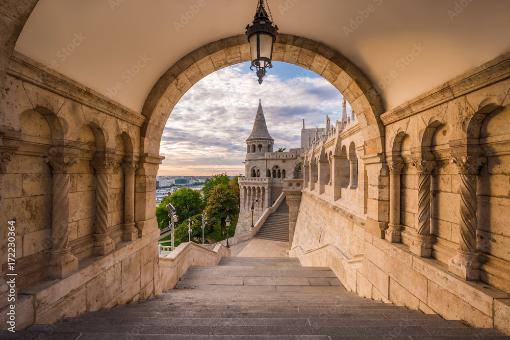 Budapest, Hungary - North gate of the famous Fisherman Bastion on a summer morning