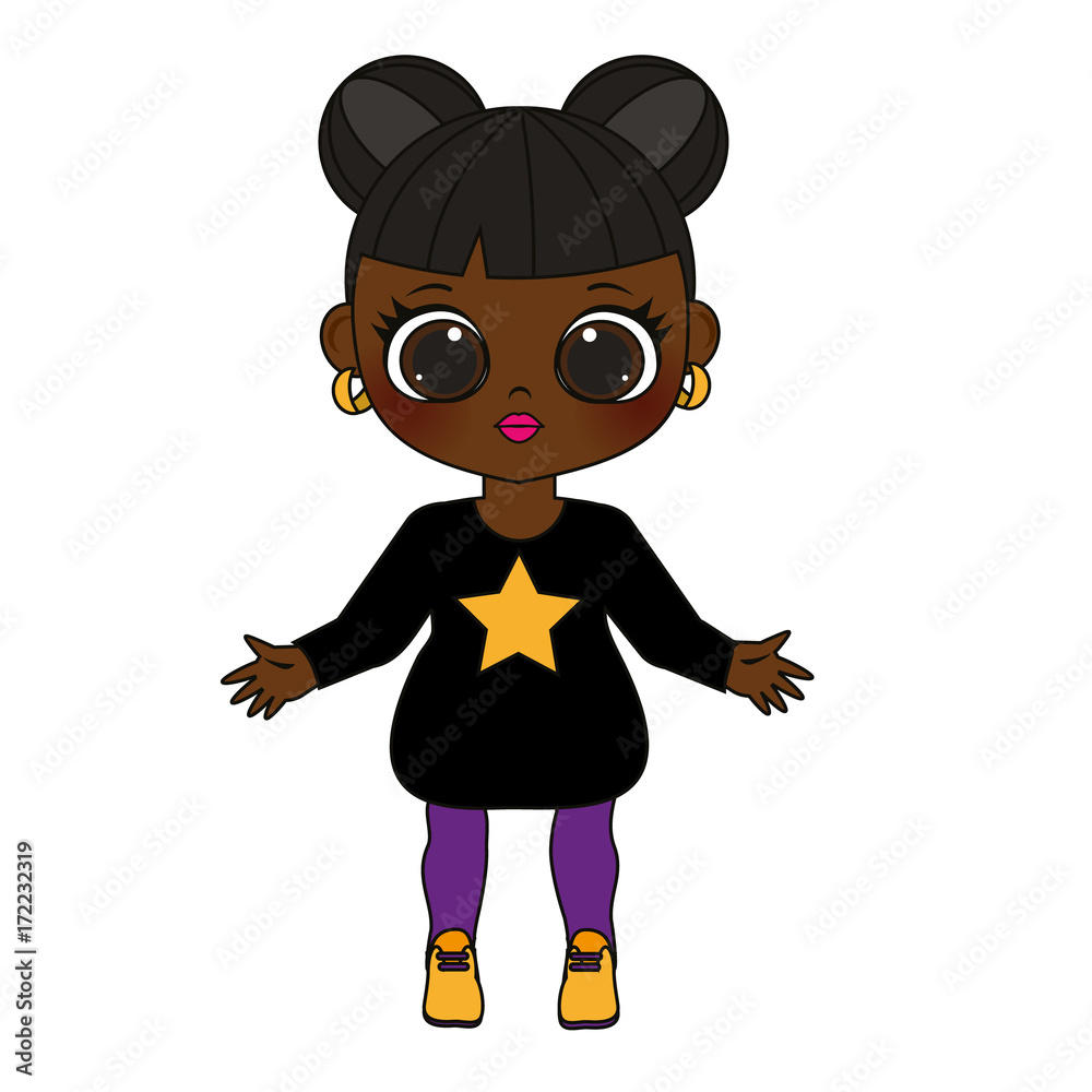 African american kid girl in fashionable clothes. illustration for kids fashion, prints, textile. Cute kawaii style