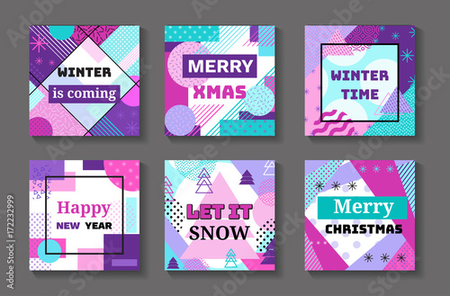 Happy new year and merry christmas geometric banners set in trendy memphis 90s style with triangles, lines, lettering, frames, party background or invitation template, cover, card, vector illustration