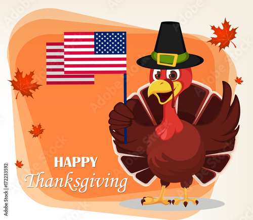 Thanksgiving greeting card with a turkey bird wearing a Pilgrim hat and holding USA flag.