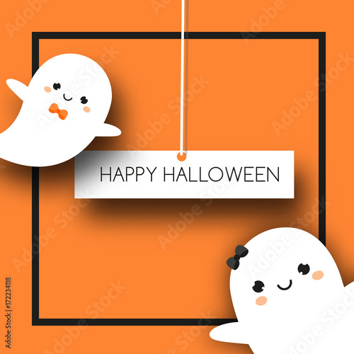 Square halloween banner with cute ghosts in kawaii style