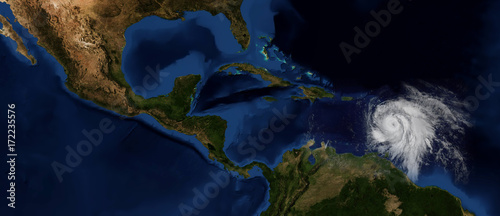 Extremely detailed and realistic high resolution image of Hurricane Maria approaching the caribbean islands and Florida. Shot from Space. Elements of this image are furnished by Nasa.