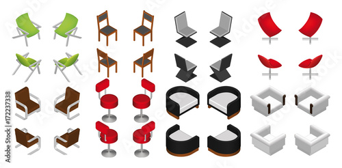 Isometric chair and armchair set. Vector furniture.