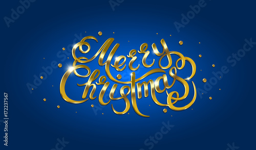 Golden text on blue background. Merry Christmas and Happy New Year lettering.
