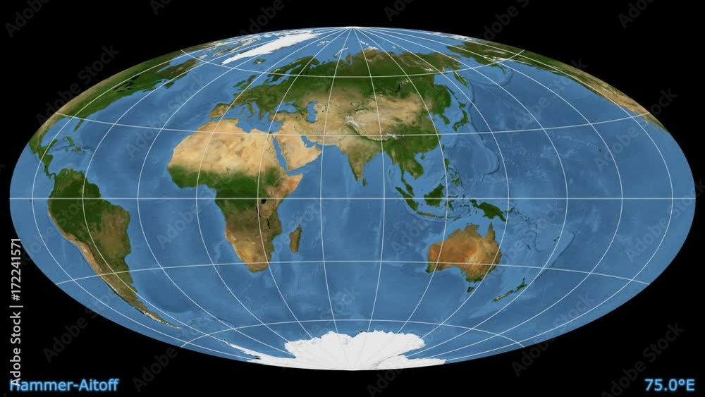 Animated world map in the Hammer-Aitoff projection. Blue Marble raster