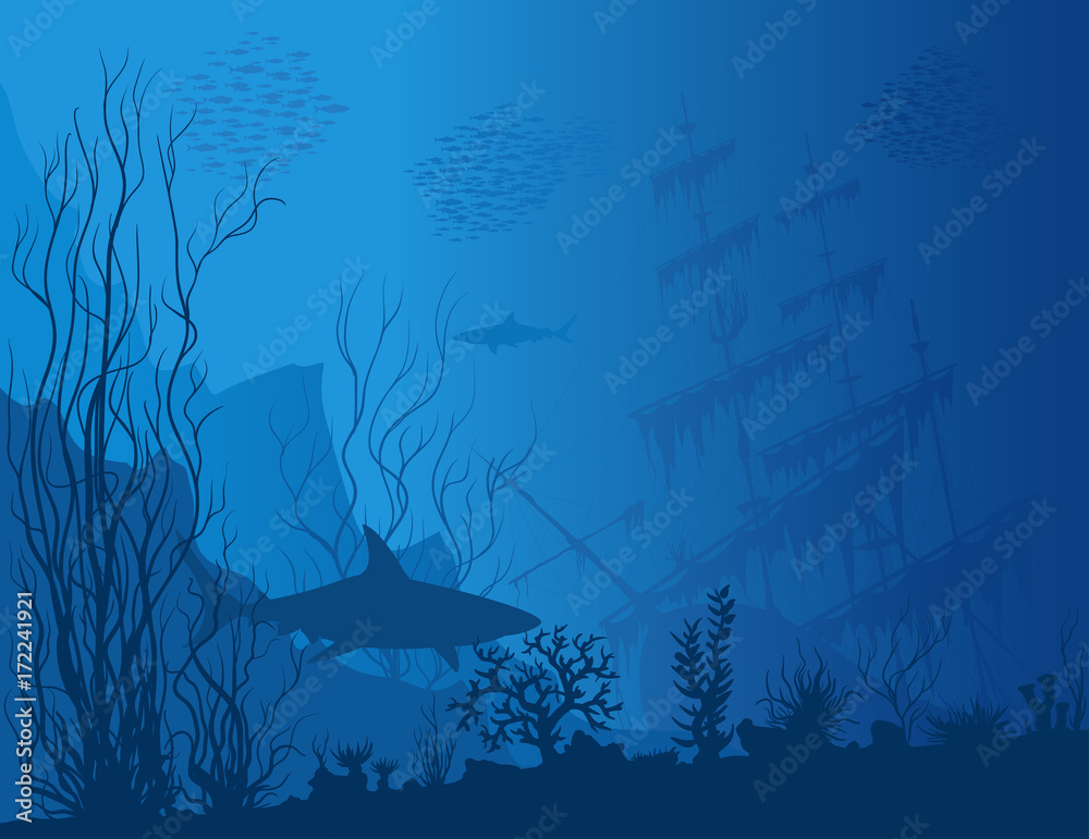 Fototapeta premium Niebieski podwodny krajobraz z zatopionym statkiem, rekinami i chwastami. Wektor ręcznie rysowane ilustracji.