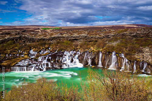 Hraunfossar, a series of waterfalls pouring into Hvita River, Borgarfjordur, Western Iceland