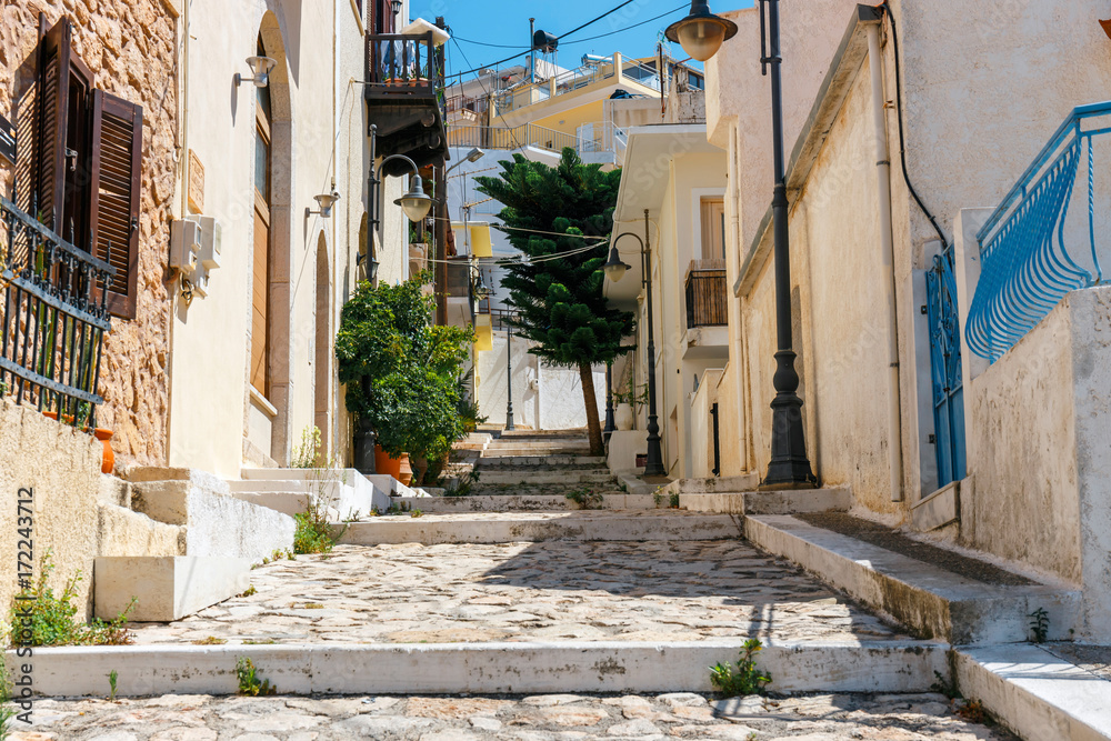 Street with steps in Sitia town, Crete island, Greece