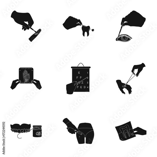 Anesthetic injection, examination of the tooth and other web icon in black style. wound treatment, vision check icons in set collection.