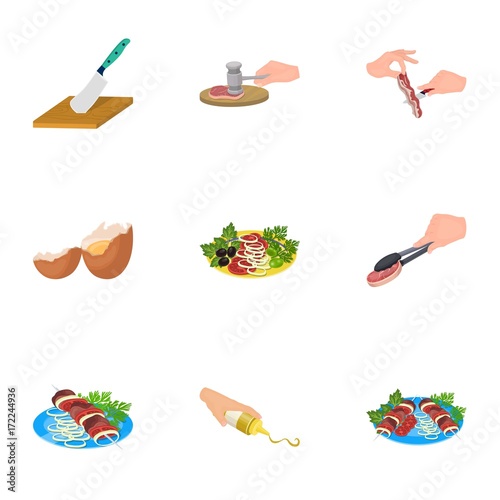 Fried chicken, cooking chop, slicing vegetables, shish kebab and other elements of cooking. Food and Cooking set collection icons in cartoon style vector symbol stock illustration web.