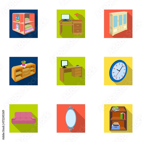Coffee maker, sofa, mirror, table service in the restaurant and other web icon in flat style isometric. Interior and office furniture icons in set collection.