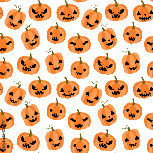 Cute and funny vector seamless pattern for Halloween with cartoon orange pumpkins with faces with different expressions on white background