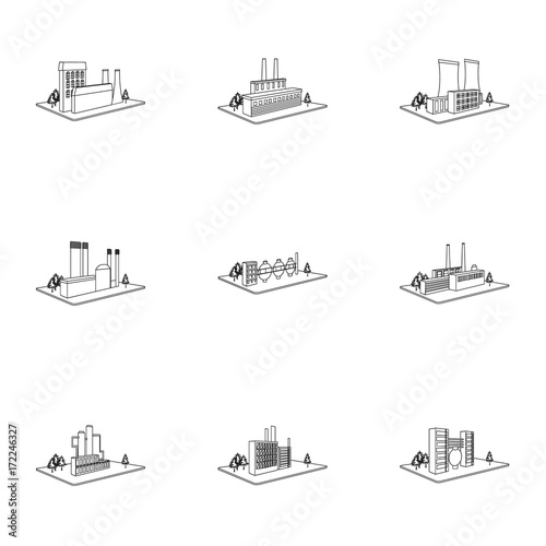 Processing factory,metallurgical plant and other production. Factory and industry set collection icons in outline style isometric vector symbol stock illustration web.