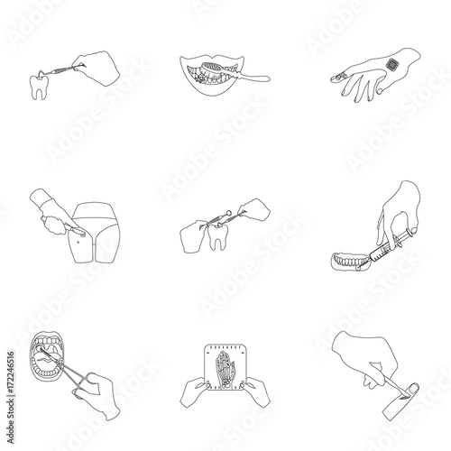 Anesthetic injection, examination of the tooth and other web icon in outline style. wound treatment, vision check icons in set collection.