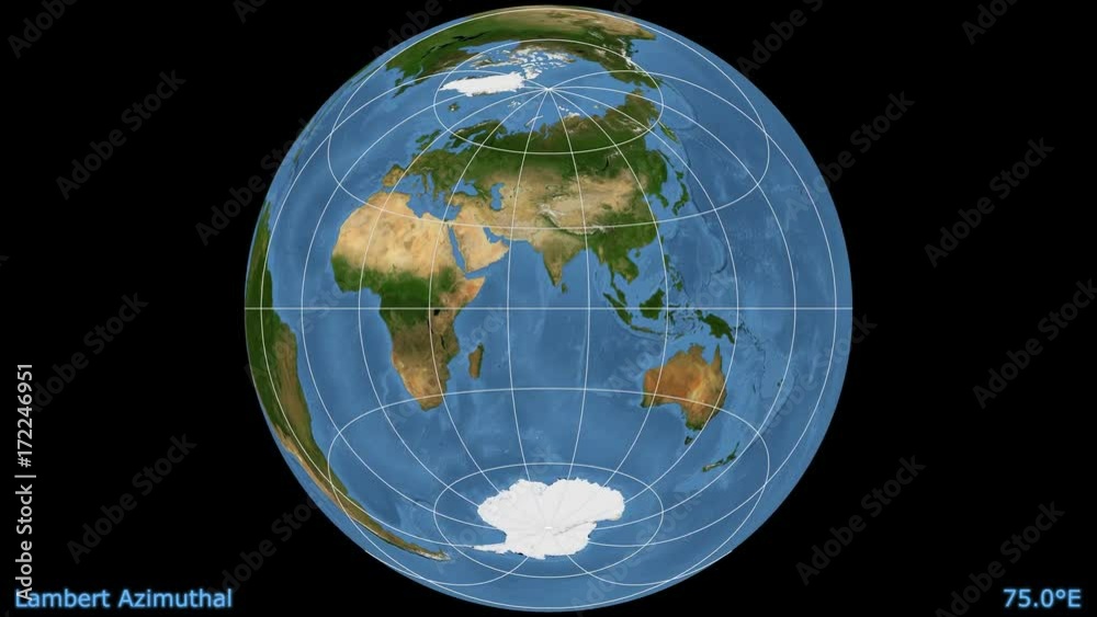 Animated world map in the Lambert Azimuthal projection. Blue Marble raster