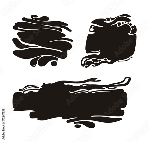 Blots. Vector graphic template imitation of oil puddles. Set of three spots of black puddles.