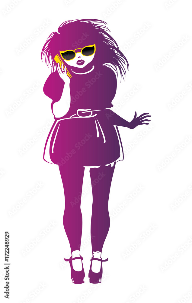 Stylish girl talking on a mobile phone. Communication. Vector illustration of a flat design template. Stylish girl talking on a mobile phone. Communication. Vector illustration of a flat design template.