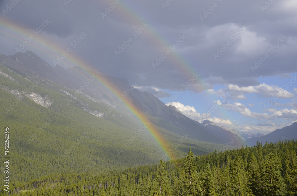 Double Rainbow in Mountains after Rain in Banff Canada